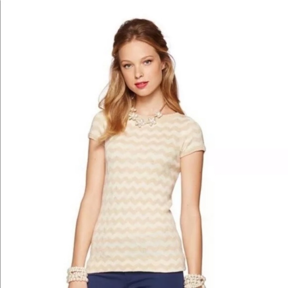 Lilly Pulitzer Sydney Gold Chevron Short Sleeve Sweater Merino Wool SlimFit Sz L